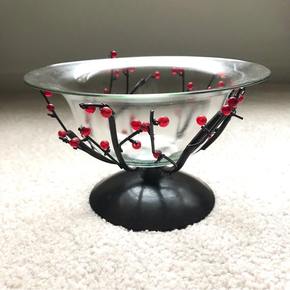 Decorative Glass Bowl with Red Berry Metal Branch Stand